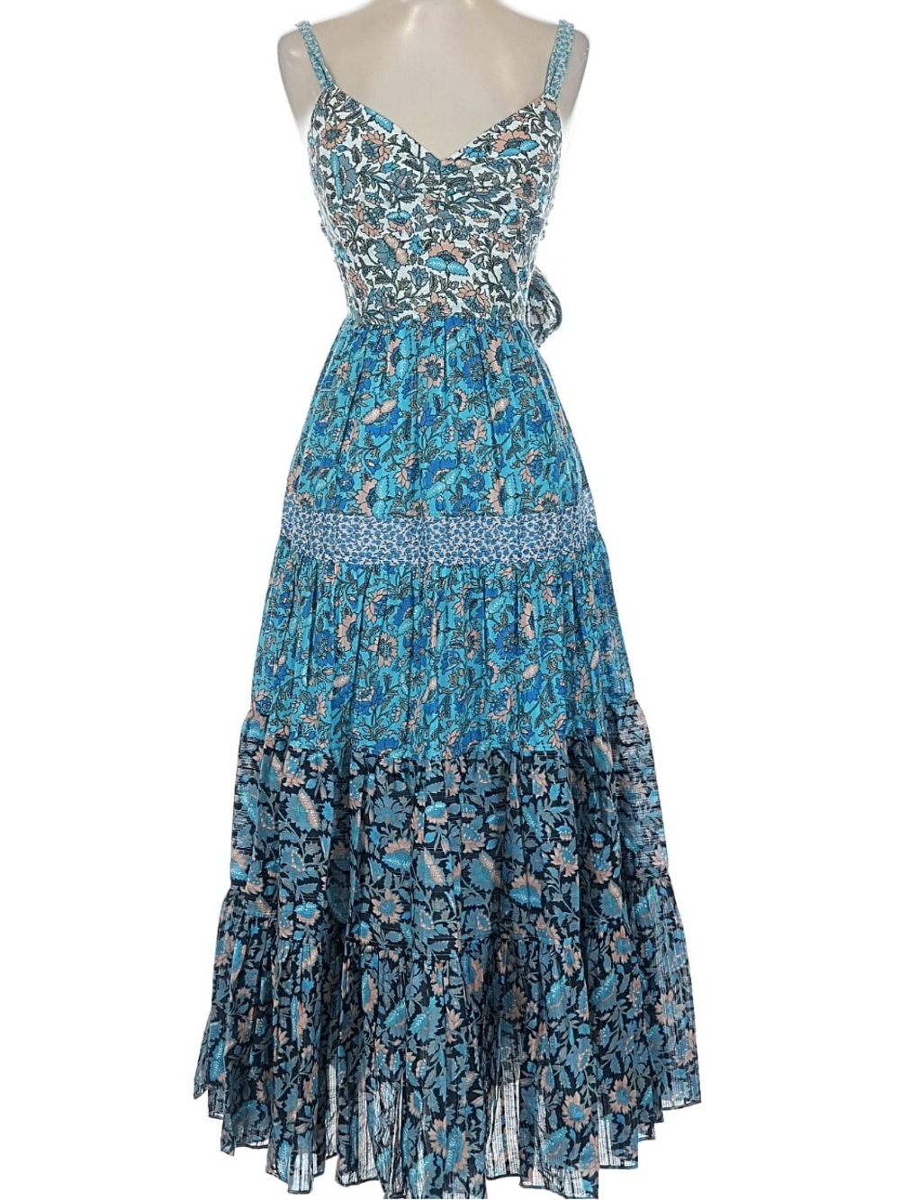 EUC Small La Vie Rebecca Taylor Josephine Midi Dress Patchwork Floral Blue